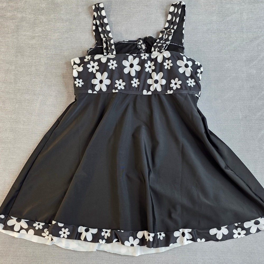 Unbranded Daisy Floral Swim Dress Set Womens 1XL Black White New Modest Retro